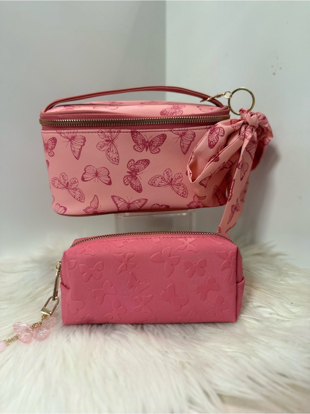Pink Butterfly Cosmetic Pouch Set with Scarf Tie